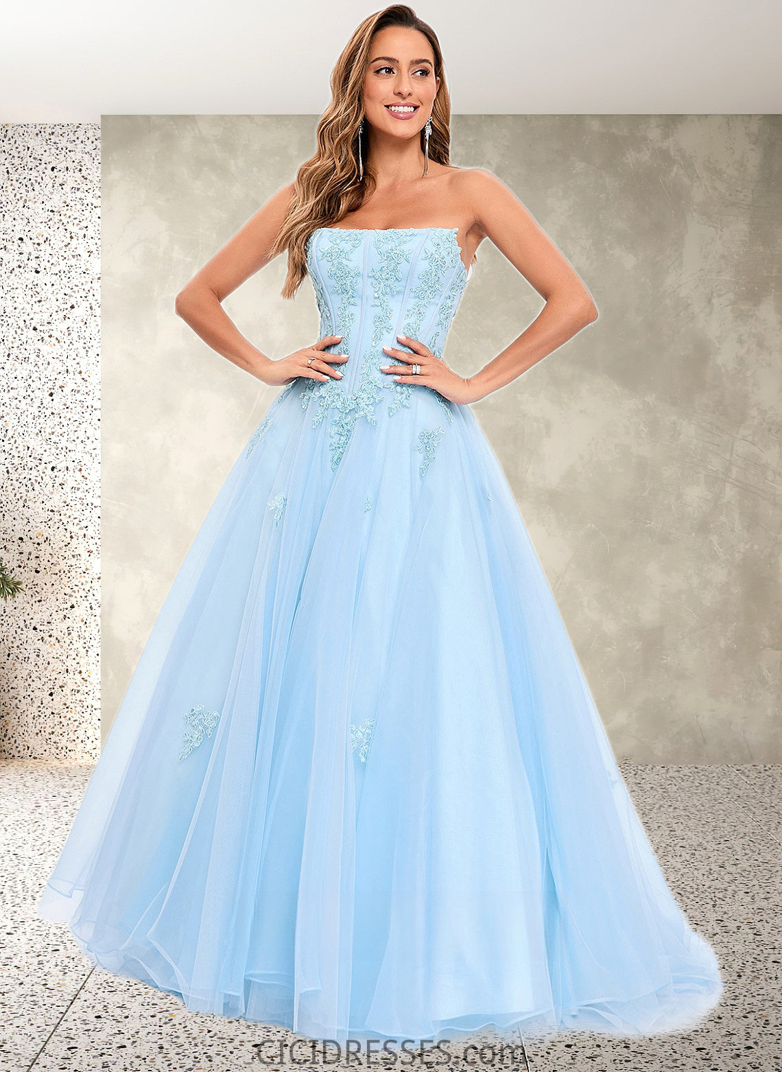 Alejandra Ball-Gown/Princess Straight Sweep Train Tulle Prom Dresses With Sequins Appliques Lace CIC8P0025864