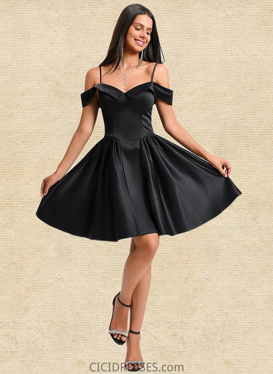 Tamia A-line Off the Shoulder Short Satin Homecoming Dress CIC8P0025704