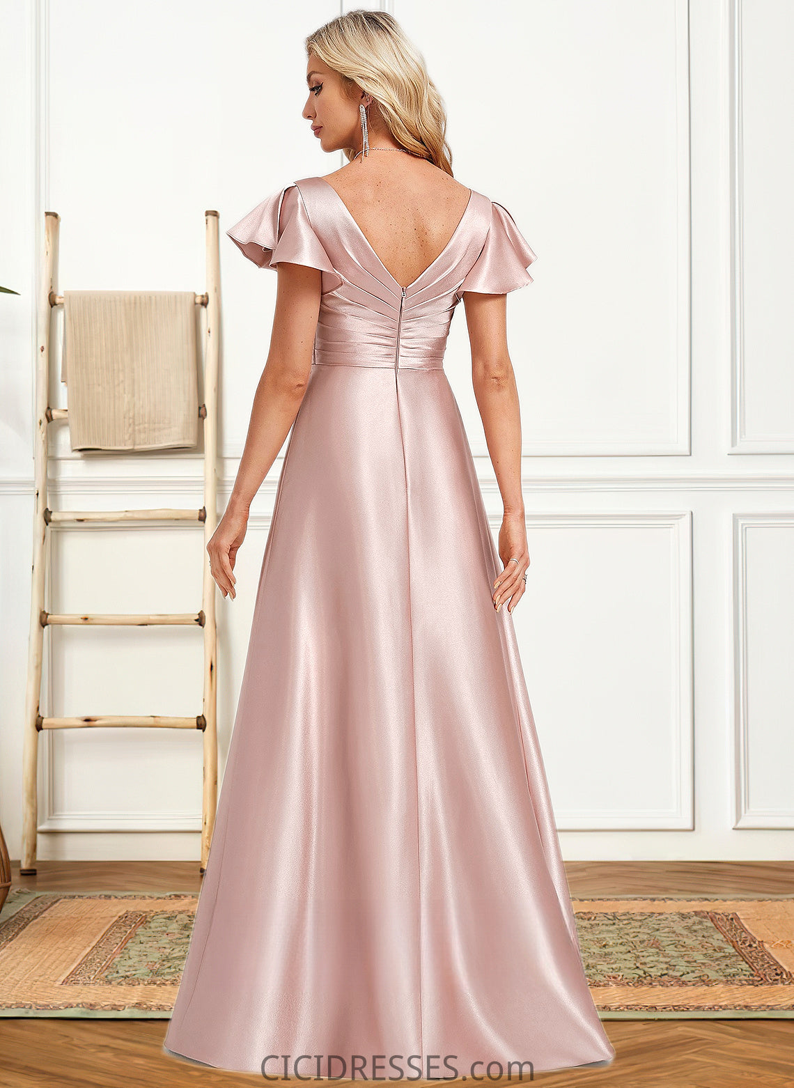 Kelsie A-line V-Neck Floor-Length Stretch Satin Bridesmaid Dress With Ruffle CIC8P0025787