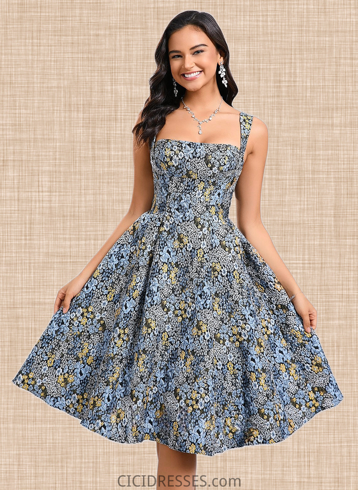 Mikayla A-line Square Knee-Length Jacquard Homecoming Dress With Bow CIC8P0025687