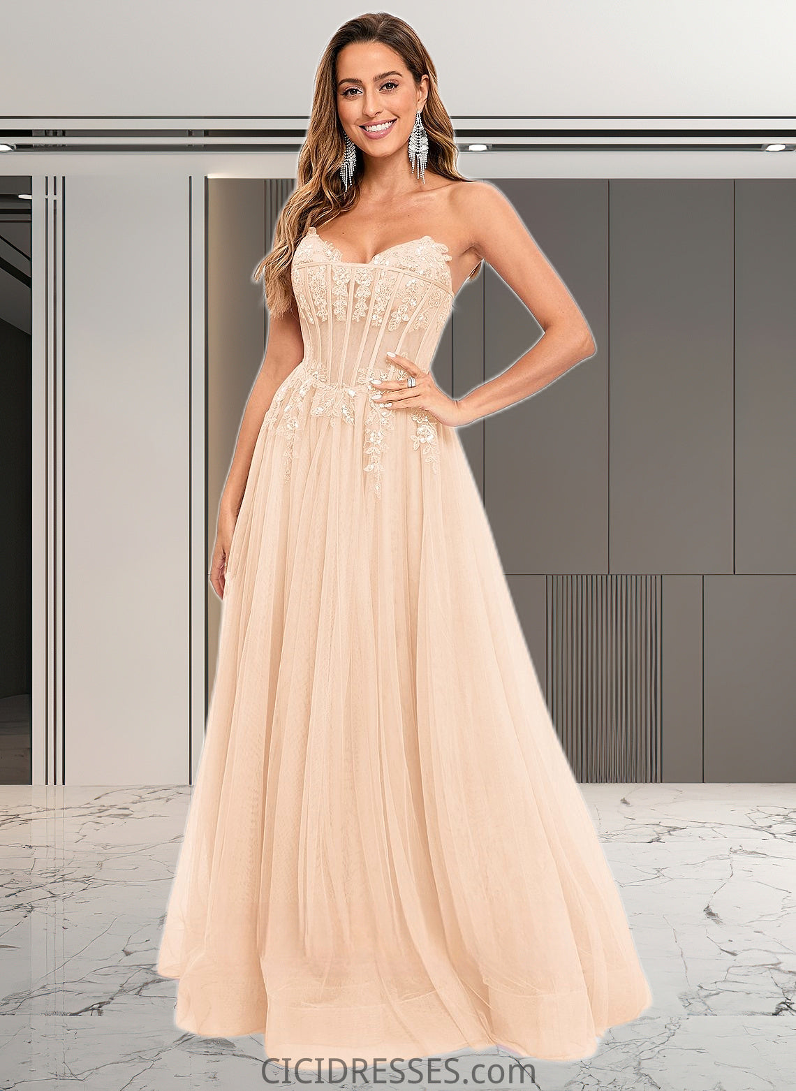 Lynn Ball-Gown/Princess V-Neck Floor-Length Tulle Prom Dresses With Sequins Appliques Lace CIC8P0025837