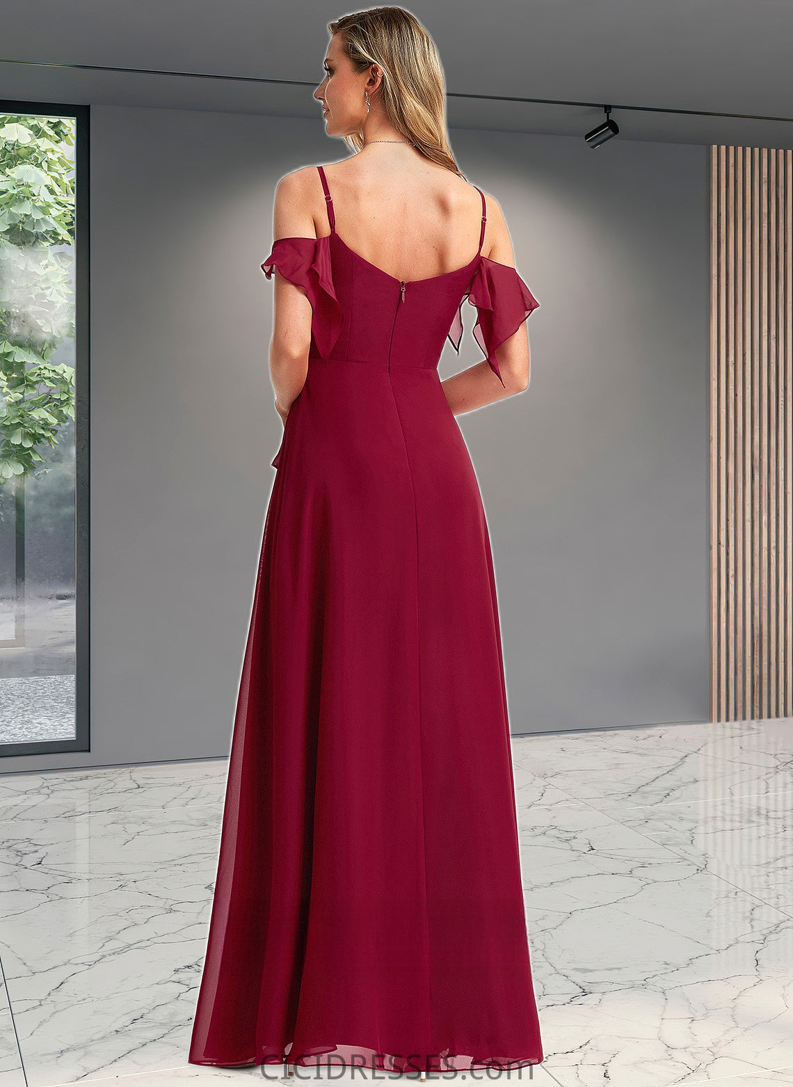 Kaelyn A-line Cold Shoulder Floor-Length Chiffon Bridesmaid Dress With Ruffle CIC8P0025755