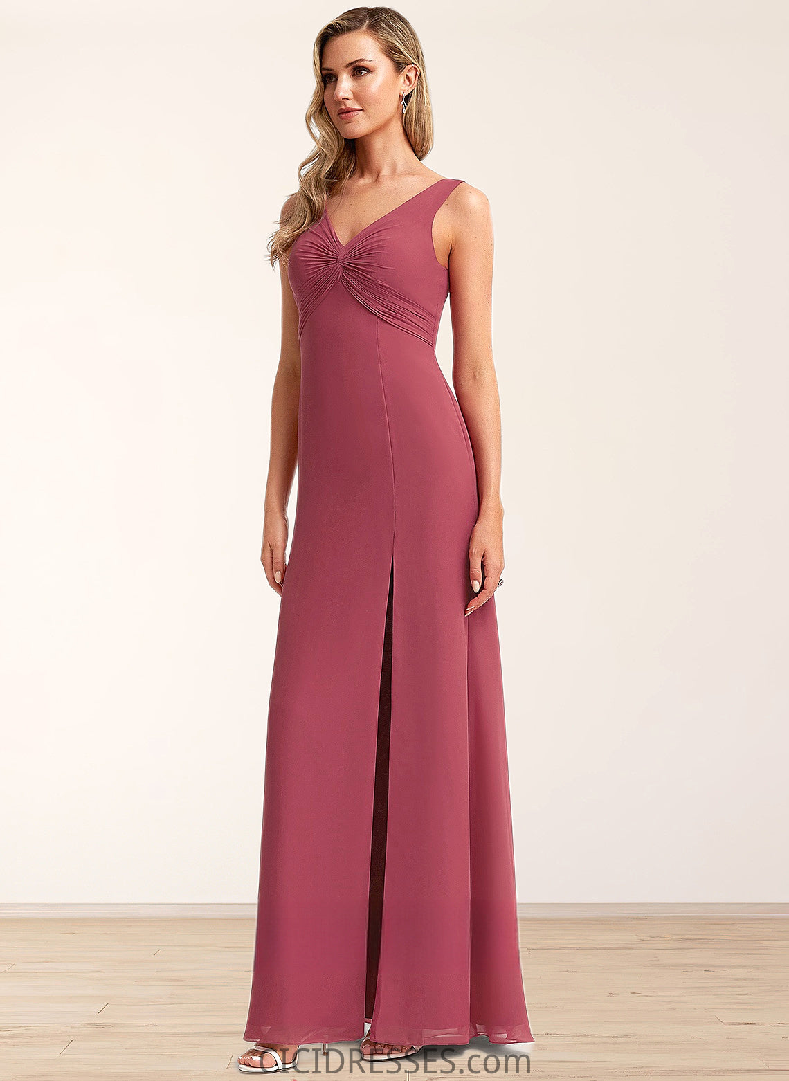 Emely A-line V-Neck Floor-Length Chiffon Bridesmaid Dress CIC8P0025753