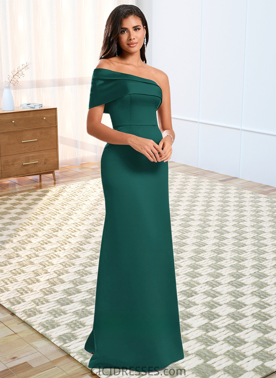 Nylah A-line Asymmetrical Off the Shoulder Floor-Length Satin Prom Dresses CIC8P0025884