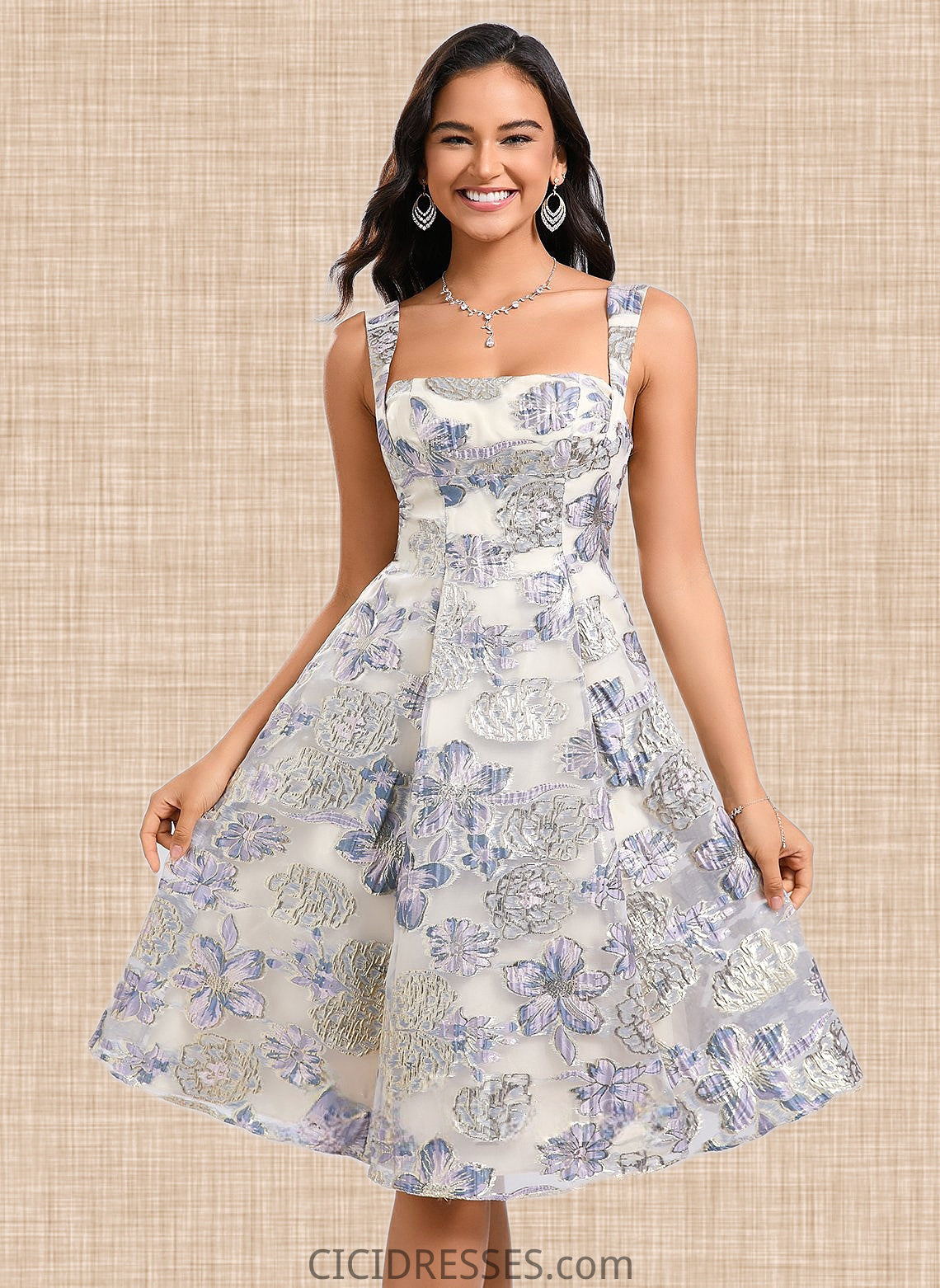 Mikayla A-line Square Knee-Length Jacquard Homecoming Dress With Bow CIC8P0025687