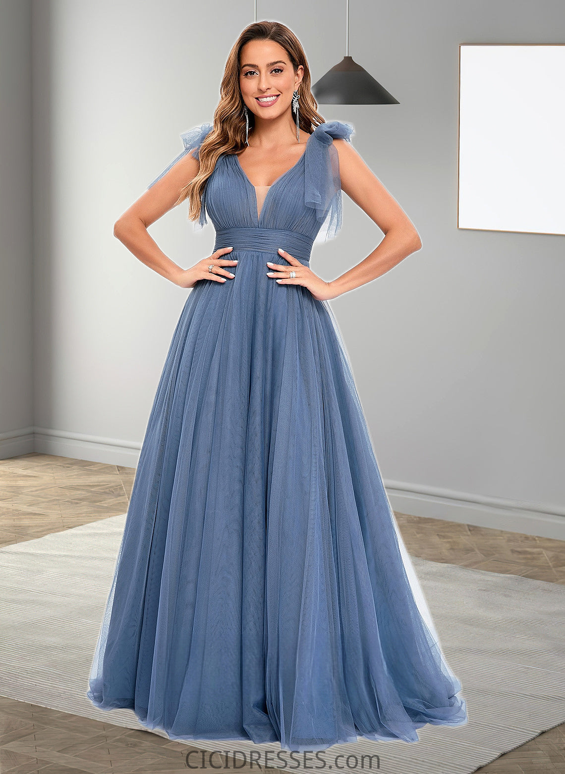 Naima A-line V-Neck Sweep Train Tulle Prom Dresses With Bow CIC8P0025854