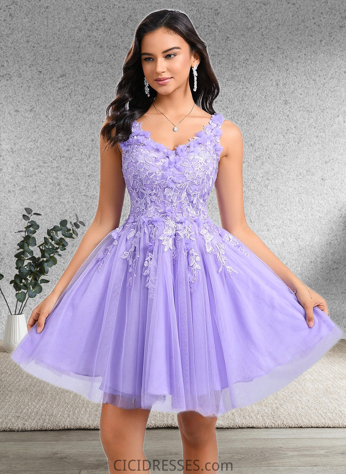 Maritza Ball-Gown/Princess V-Neck Short Lace Tulle Homecoming Dress With Flower CIC8P0025656