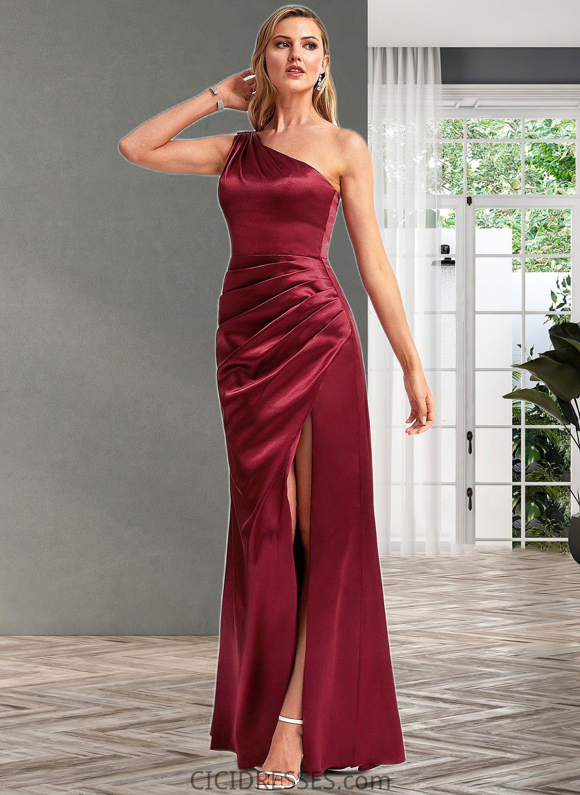 Yvonne A-line One Shoulder Floor-Length Stretch Satin Bridesmaid Dress With Bow CIC8P0025758