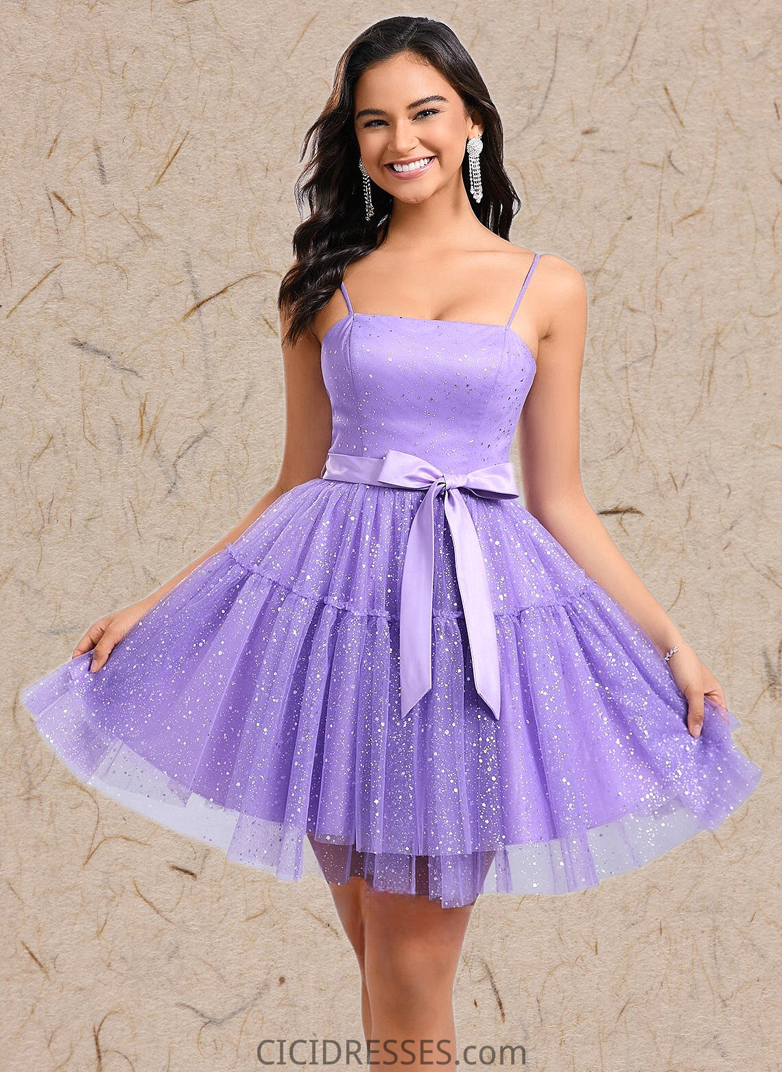 Clare Ball-Gown/Princess Straight Short Tulle Homecoming Dress With Bow CIC8P0025717