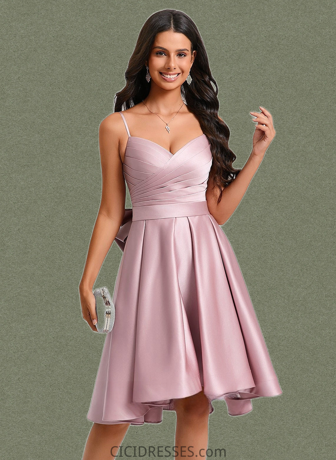 Vicky A-line V-Neck Asymmetrical Satin Homecoming Dress With Bow Pleated CIC8P0025699