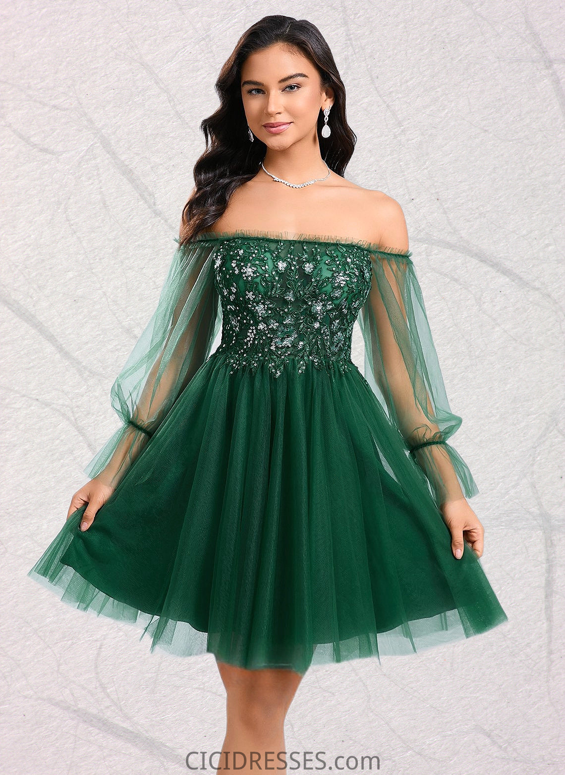 Elena A-line Off the Shoulder Short Tulle Homecoming Dress With Sequins Appliques Lace CIC8P0025663