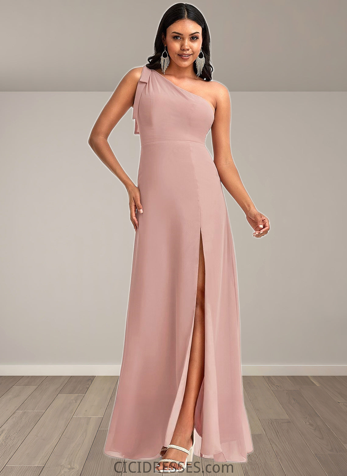 Rebecca A-line One Shoulder Floor-Length Chiffon Bridesmaid Dress With Bow CIC8P0025748