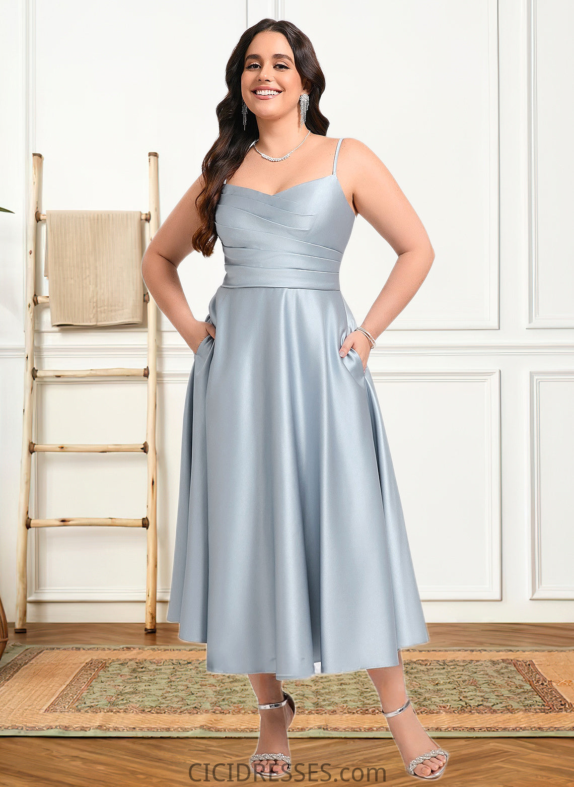 Lyric A-line V-Neck Tea-Length Satin Bridesmaid Dress CIC8P0025794