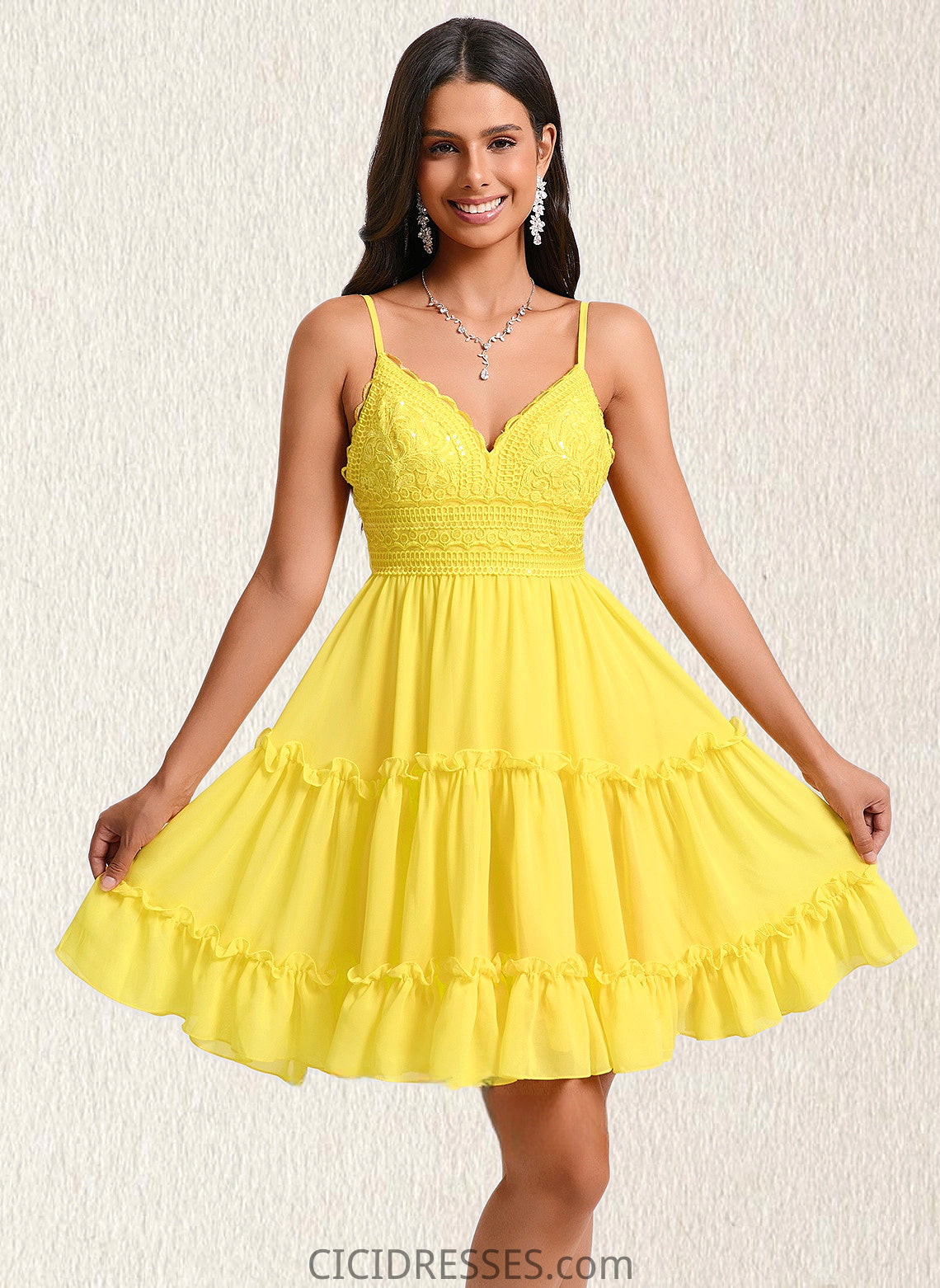 Ingrid A-line V-Neck Short Chiffon Homecoming Dress With Ruffle Sequins CIC8P0025700