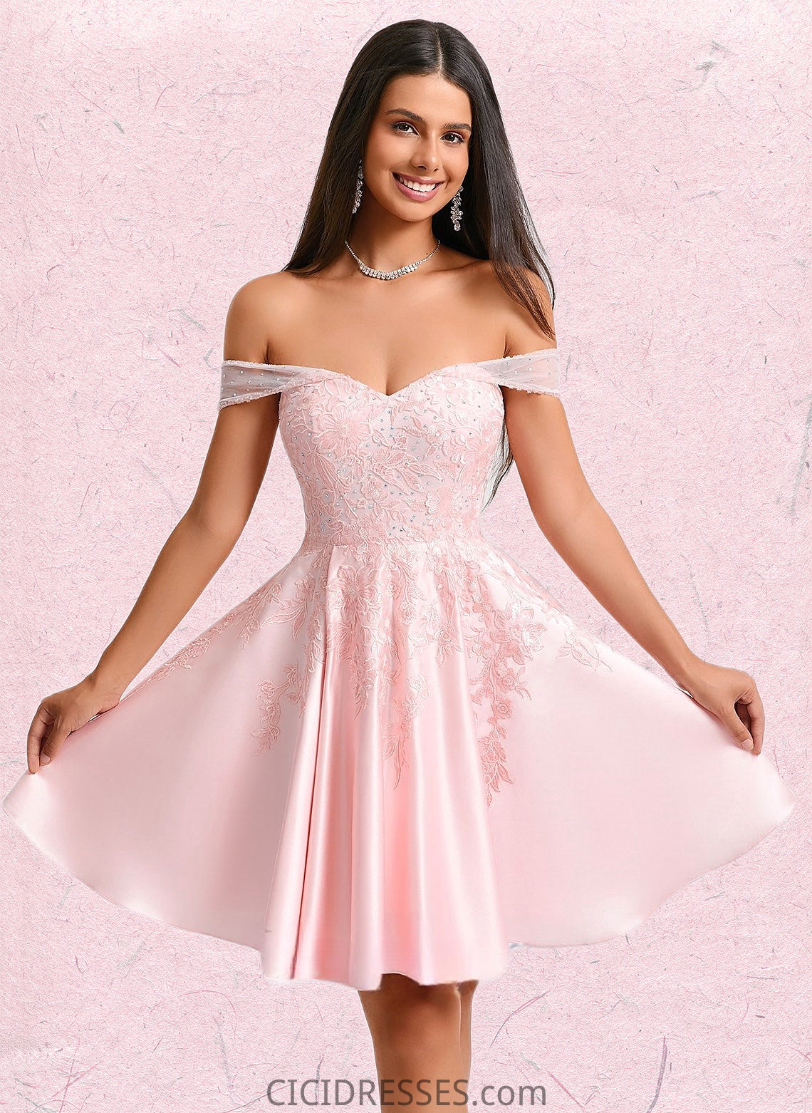 Melissa A-line Off the Shoulder Short Satin Homecoming Dress With Rhinestone Beading Appliques Lace CIC8P0025679