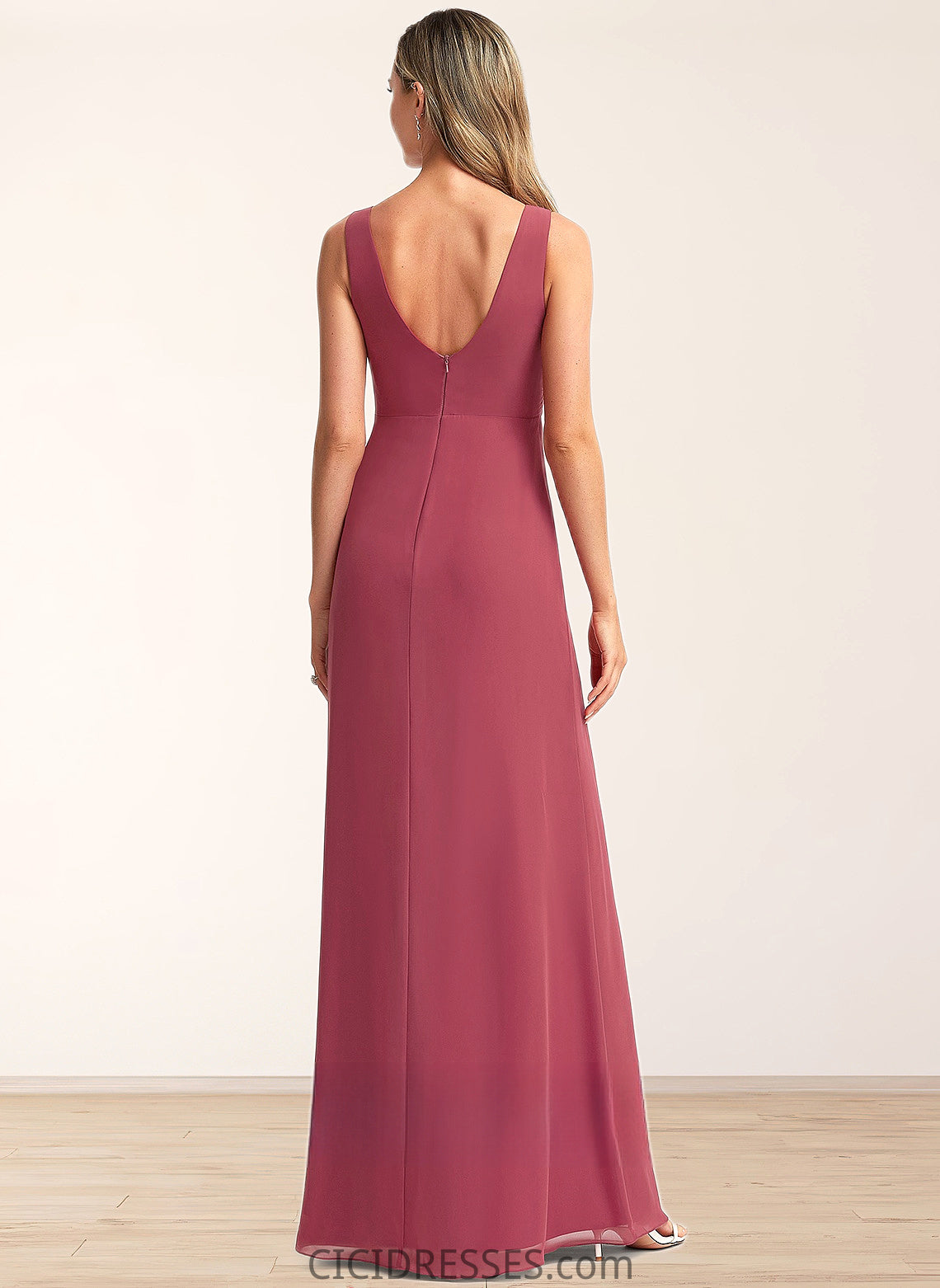 Emely A-line V-Neck Floor-Length Chiffon Bridesmaid Dress CIC8P0025753