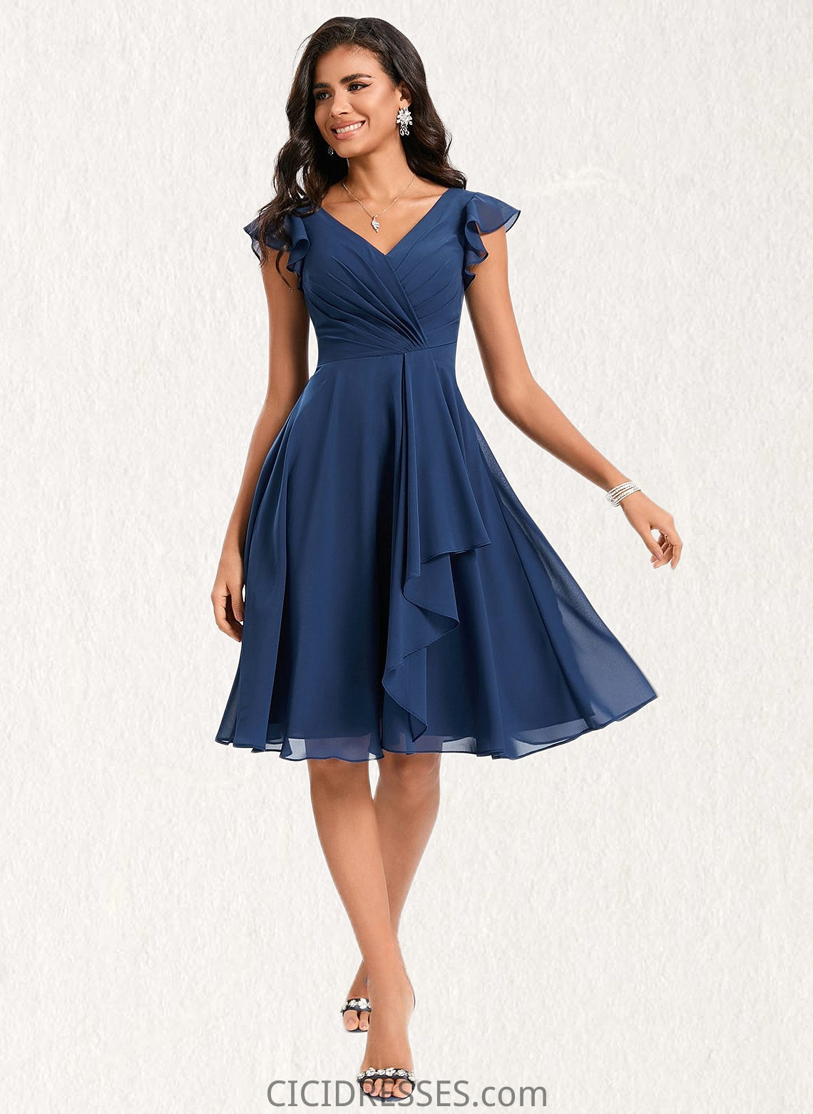 Ashly A-line V-Neck Knee-Length Chiffon Homecoming Dress With Ruffle CIC8P0025684