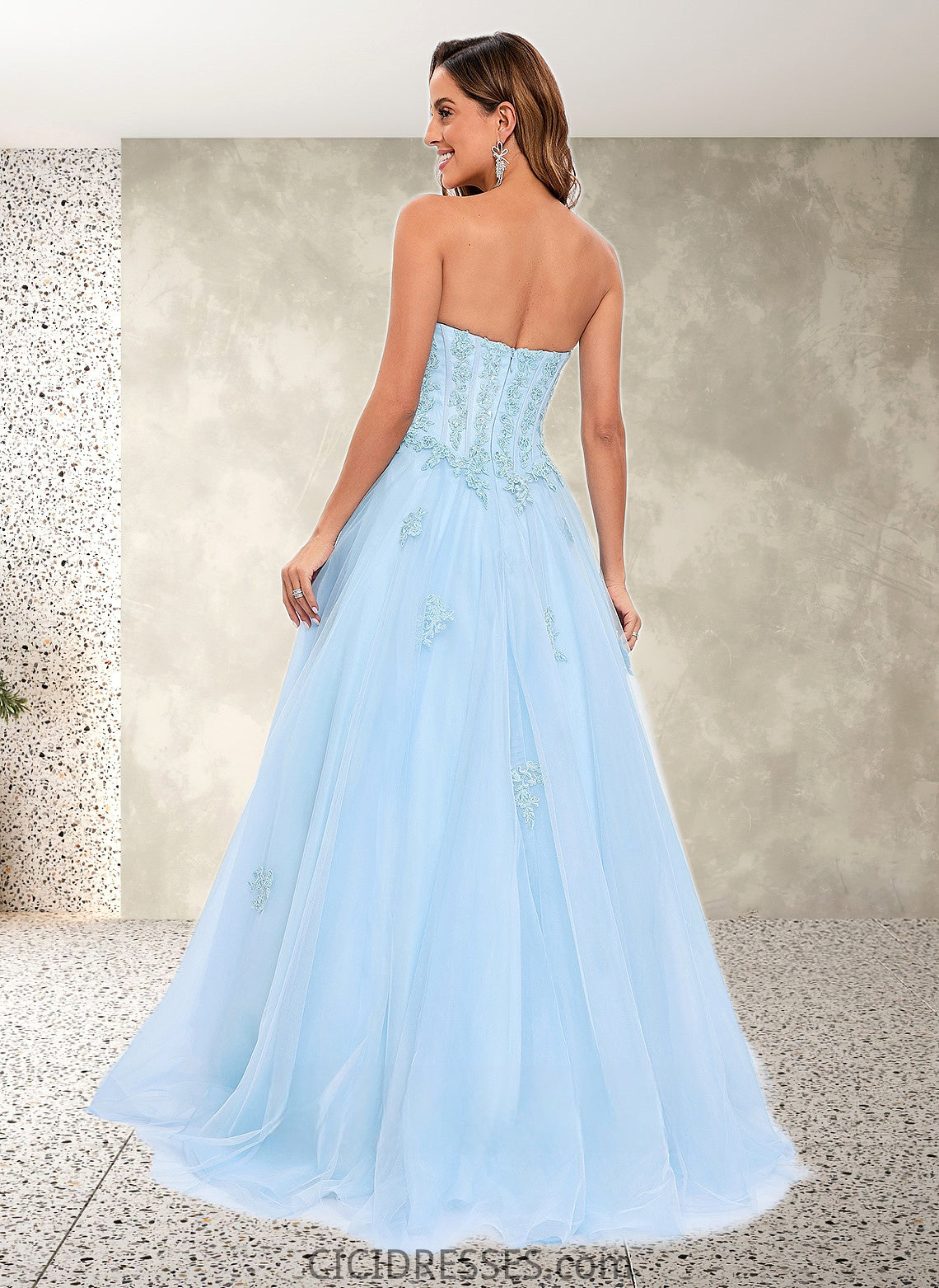 Alejandra Ball-Gown/Princess Straight Sweep Train Tulle Prom Dresses With Sequins Appliques Lace CIC8P0025864