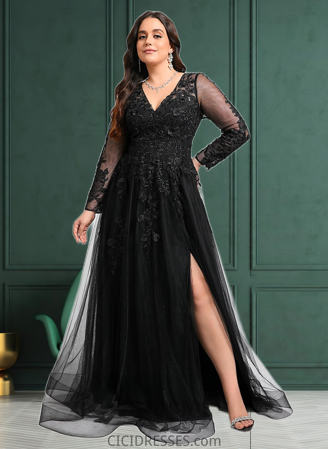 Sarah A-line V-Neck Floor-Length Tulle Prom Dresses With Sequins Appliques Lace Beading CIC8P0025834