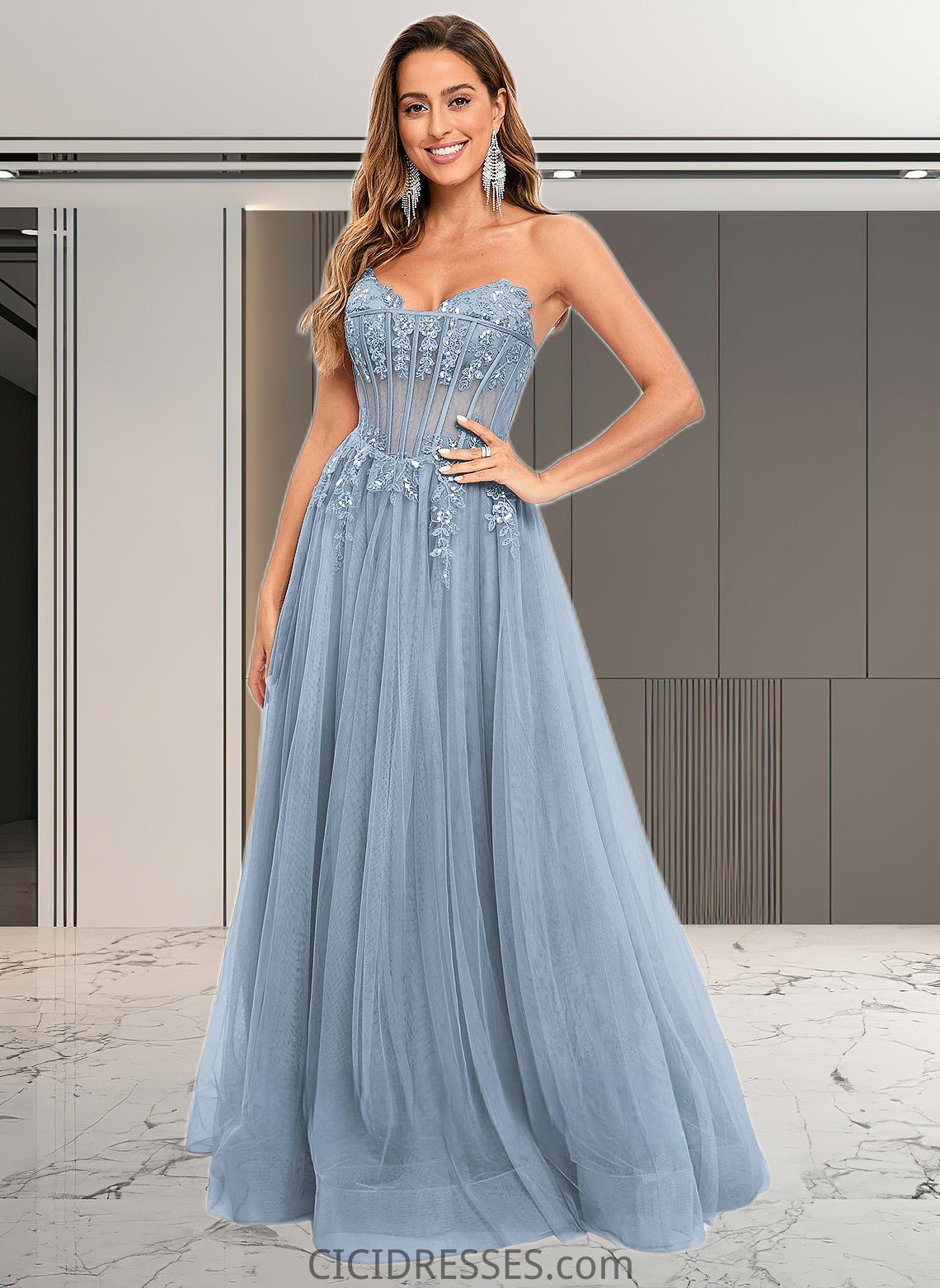 Lynn Ball-Gown/Princess V-Neck Floor-Length Tulle Prom Dresses With Sequins Appliques Lace CIC8P0025837