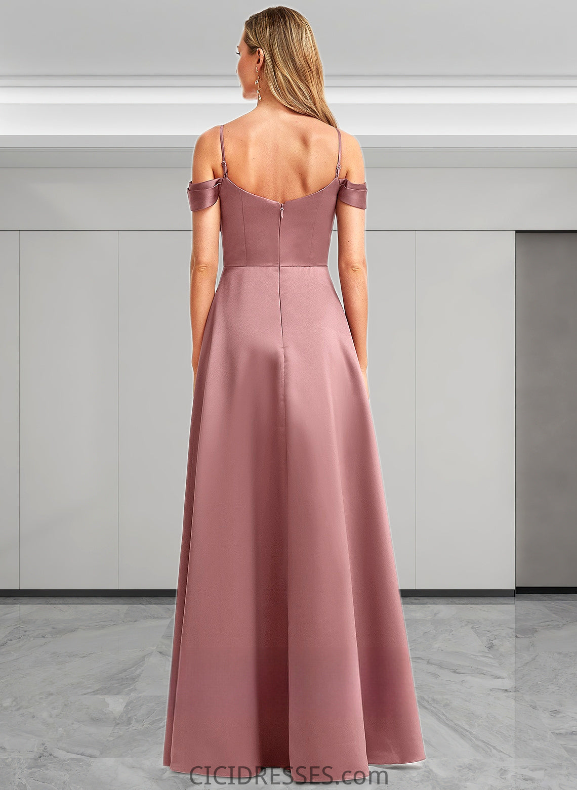 Rhianna A-line Cold Shoulder Floor-Length Satin Bridesmaid Dress CIC8P0025750