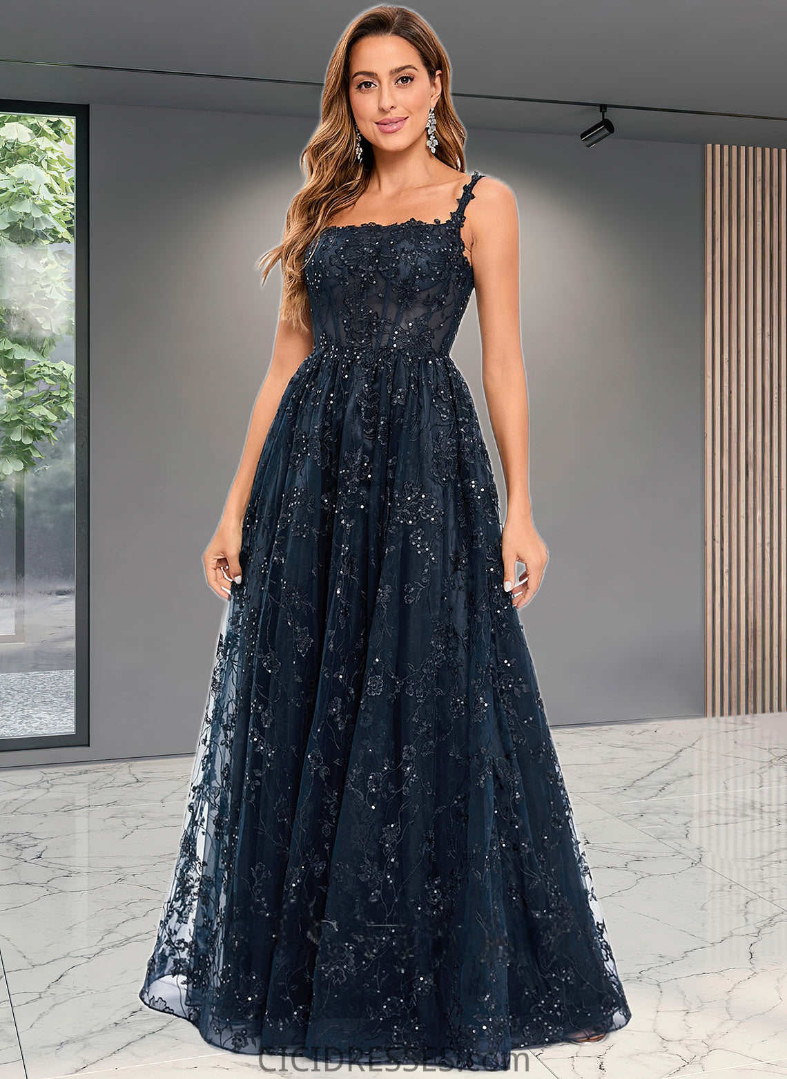 Louisa A-line Square Floor-Length Organza Lace Floral Prom Dresses With Sequins CIC8P0025844