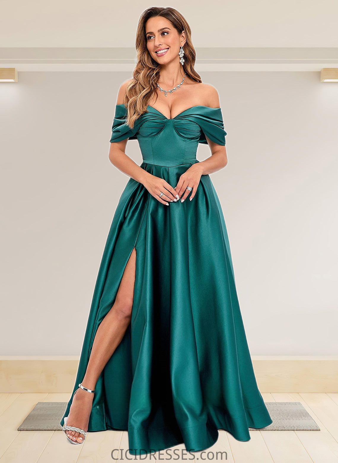 Katherine A-line Off the Shoulder Floor-Length Satin Prom Dresses With Pleated CIC8P0025851