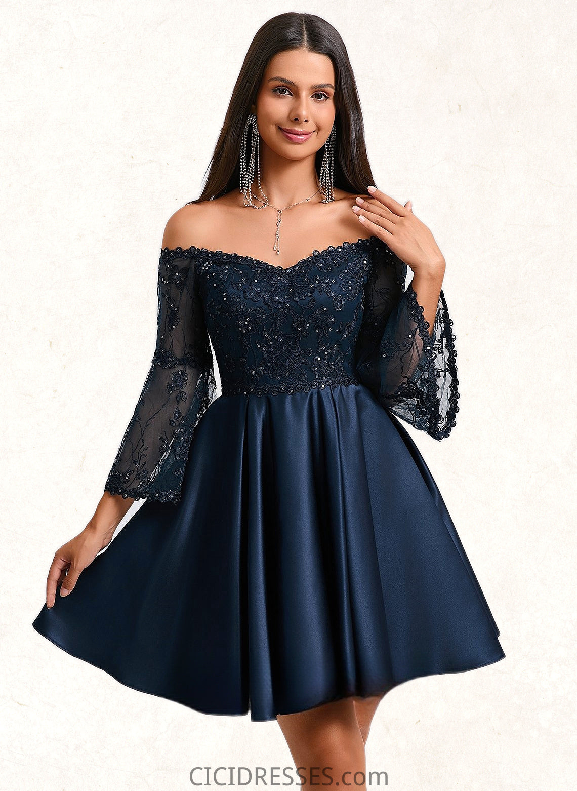 Emery A-line Off the Shoulder Short Satin Homecoming Dress With Sequins CIC8P0025651