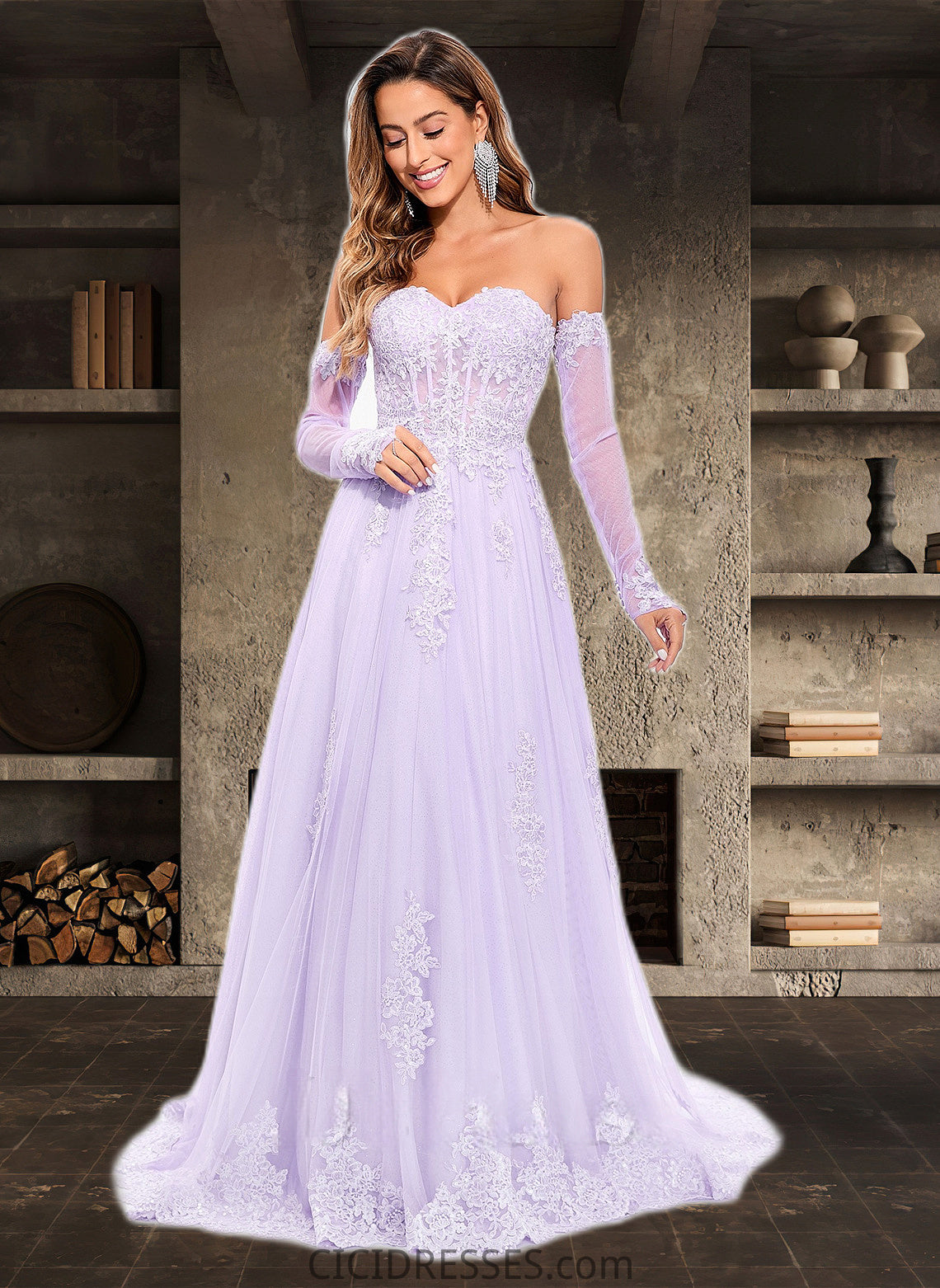 Pancy A-line Sweetheart Sweep Train Tulle Prom Dresses With Sequins Appliques Lace CIC8P0025856