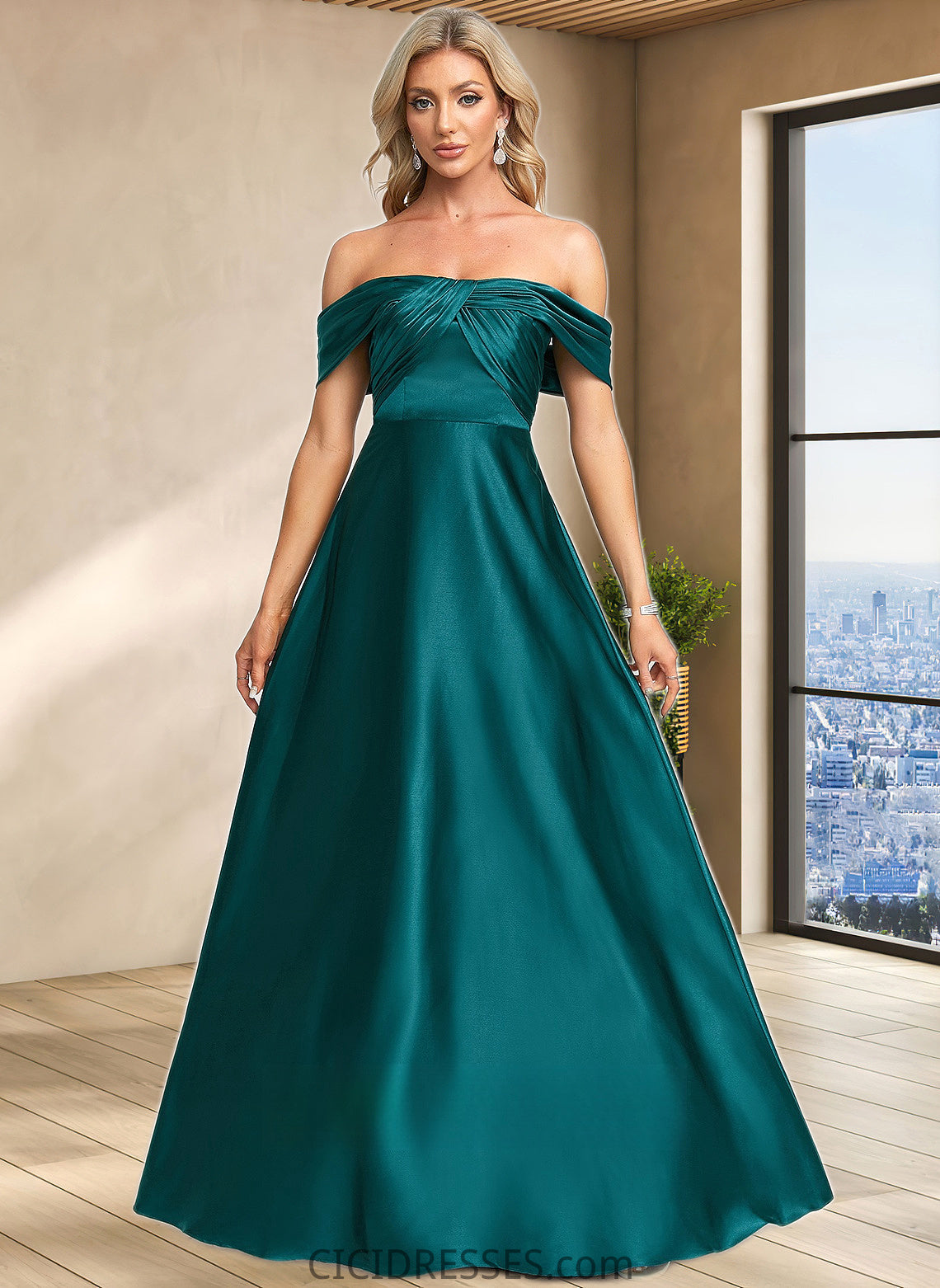 Phyllis A-line Off the Shoulder Floor-Length Stretch Satin Prom Dresses CIC8P0025879