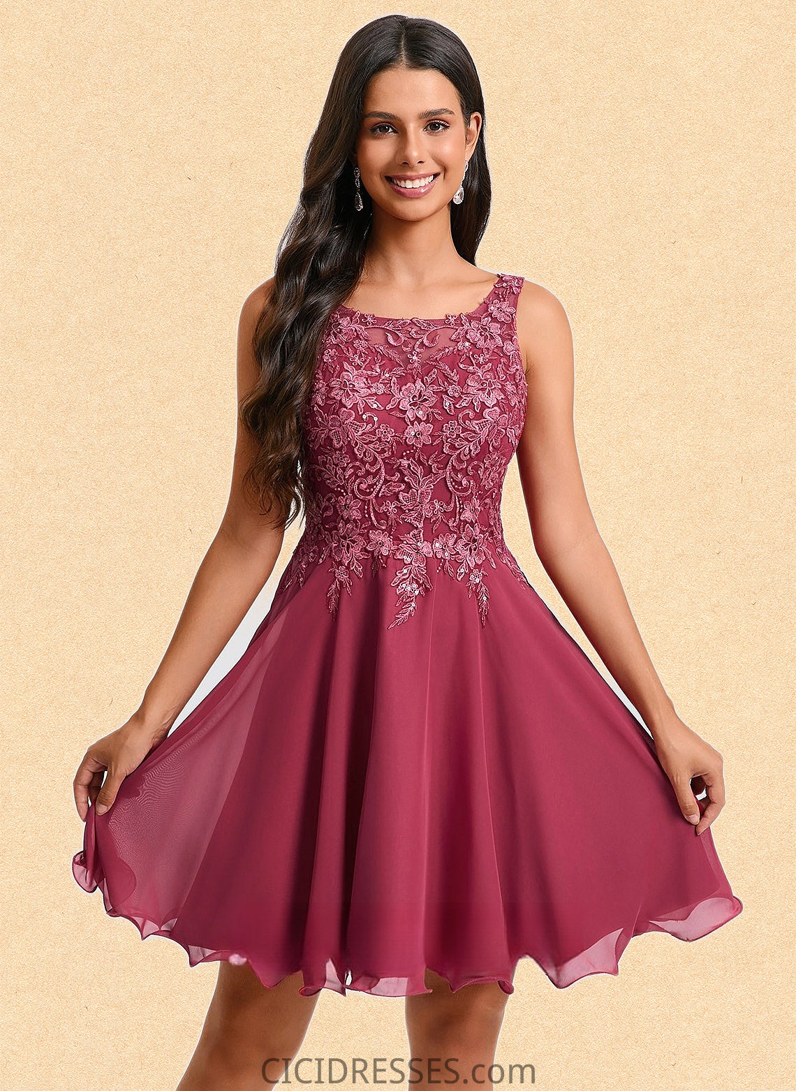 Aaliyah A-line Scoop Short Chiffon Homecoming Dress With Sequins Appliques Lace CIC8P0025681