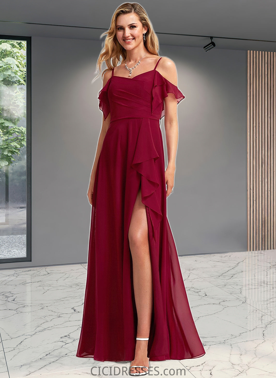 Kaelyn A-line Cold Shoulder Floor-Length Chiffon Bridesmaid Dress With Ruffle CIC8P0025755