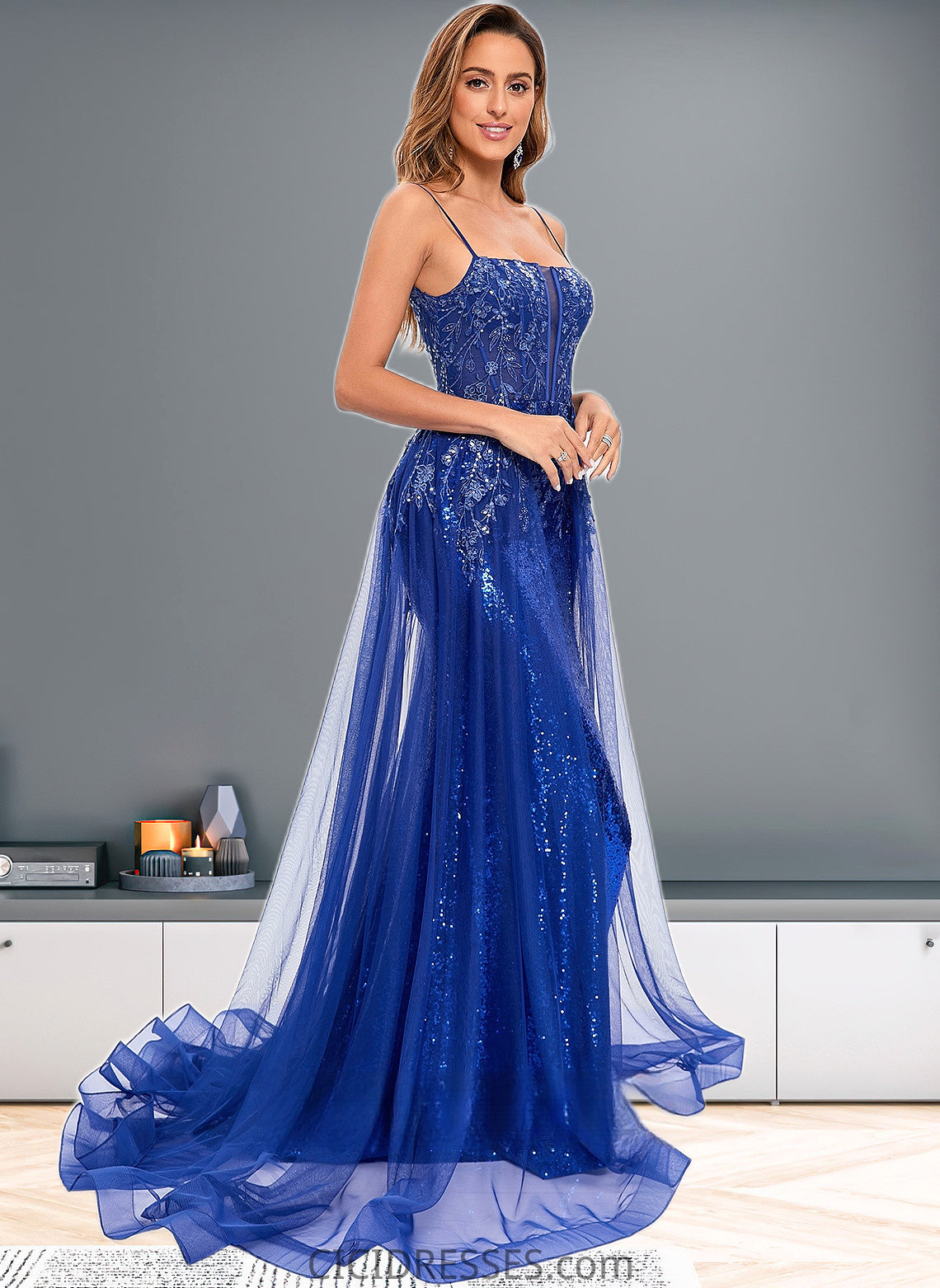 Melody Trumpet/Mermaid Straight Sweep Train Tulle Sequin Prom Dresses With Sequins Appliques Lace CIC8P0025857