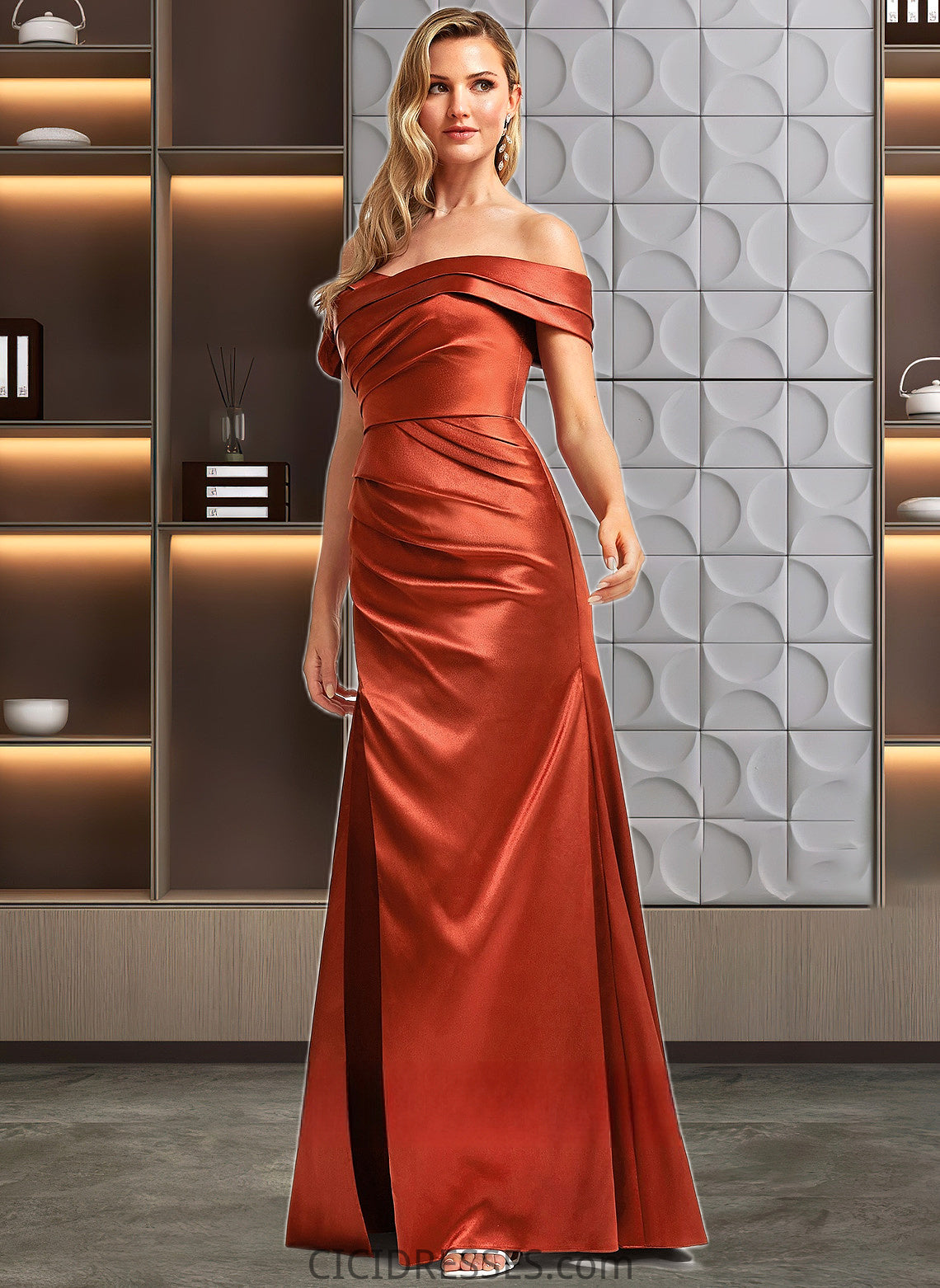 Patricia A-line Off the Shoulder Floor-Length Stretch Satin Bridesmaid Dress CIC8P0025757