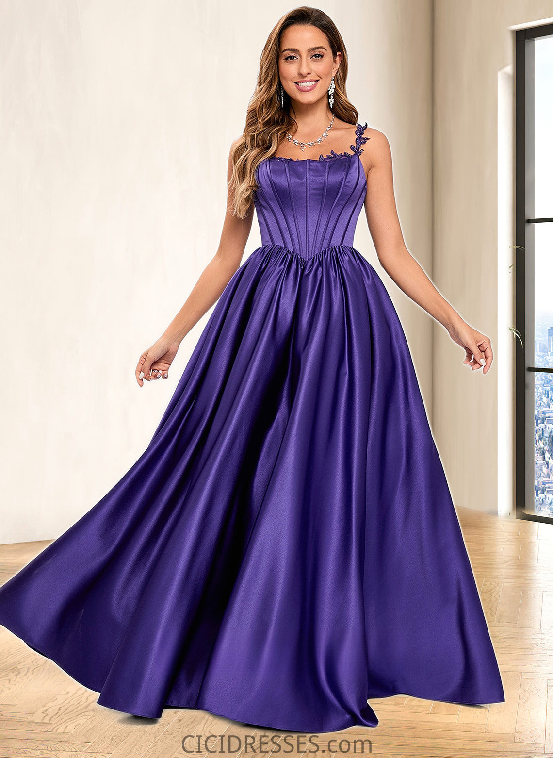 Madelyn Ball-Gown/Princess Scoop Floor-Length Satin Prom Dresses With Appliques Lace Beading CIC8P0025865