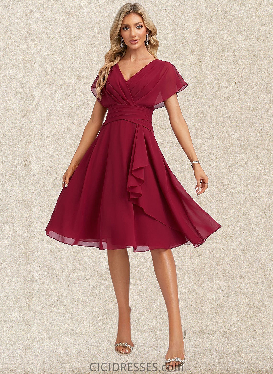 Diamond A-line V-Neck Knee-Length Chiffon Homecoming Dress With Ruffle CIC8P0025716