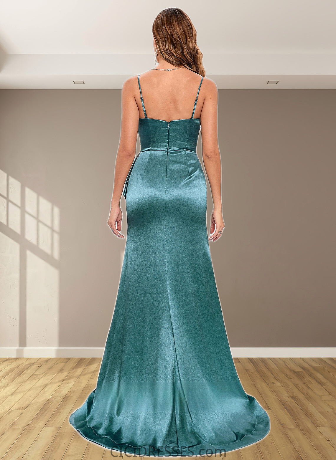 Desiree Trumpet/Mermaid V-Neck Sweep Train Stretch Satin Prom Dresses CIC8P0025855