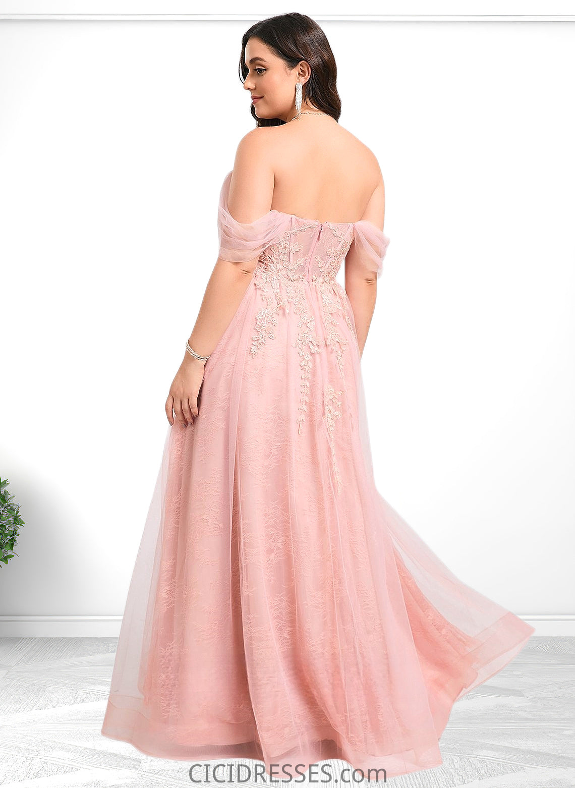 Kayley A-line Sweetheart Off the Shoulder Floor-Length Tulle Floral Lace Prom Dresses With Appliques Lace CIC8P0025870