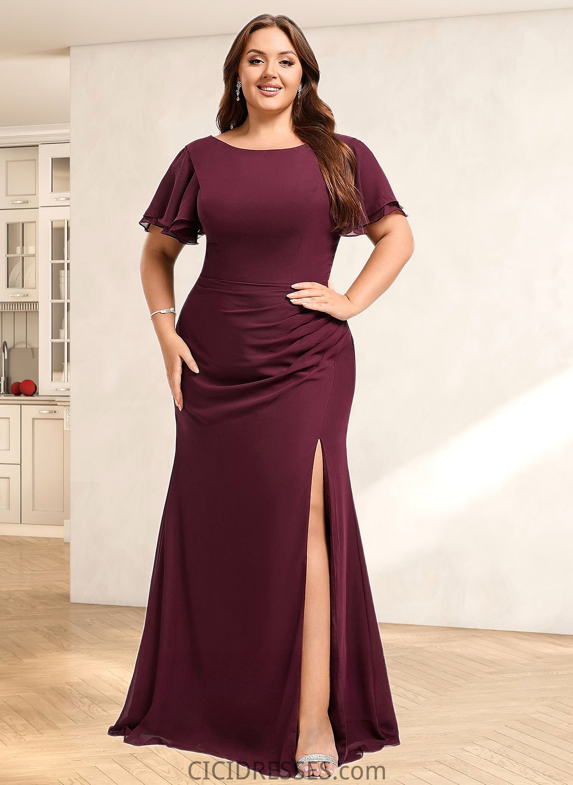 Shirley A-line Boat Neck Floor-Length Chiffon Bridesmaid Dress With Ruffle CIC8P0025827