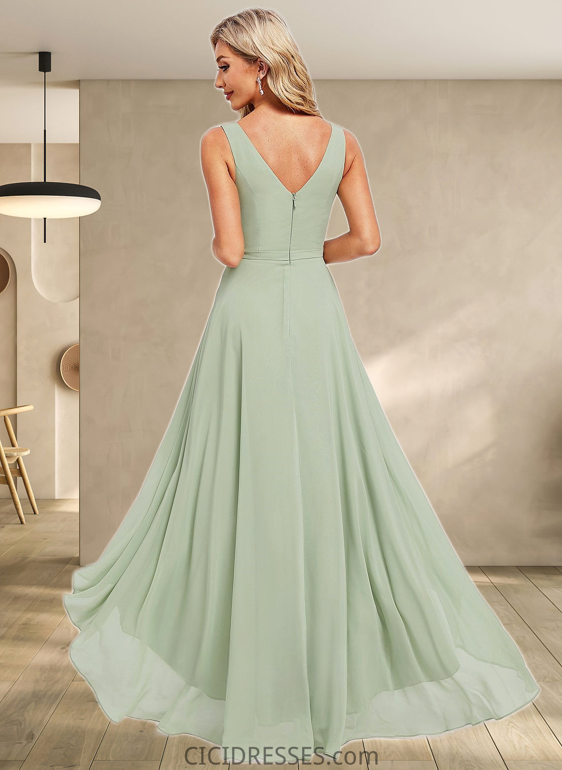 Karly A-line V-Neck Asymmetrical Chiffon Bridesmaid Dress CIC8P0025809