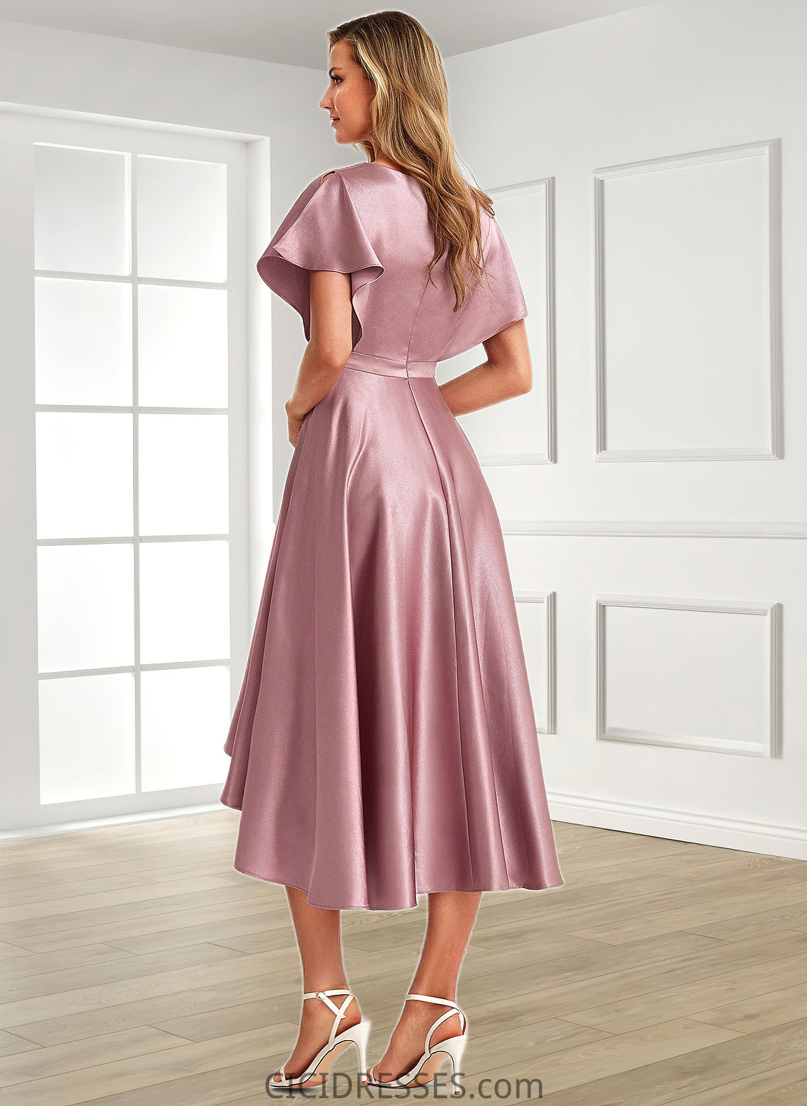 Elvira A-line V-Neck Asymmetrical Stretch Satin Bridesmaid Dress CIC8P0025752