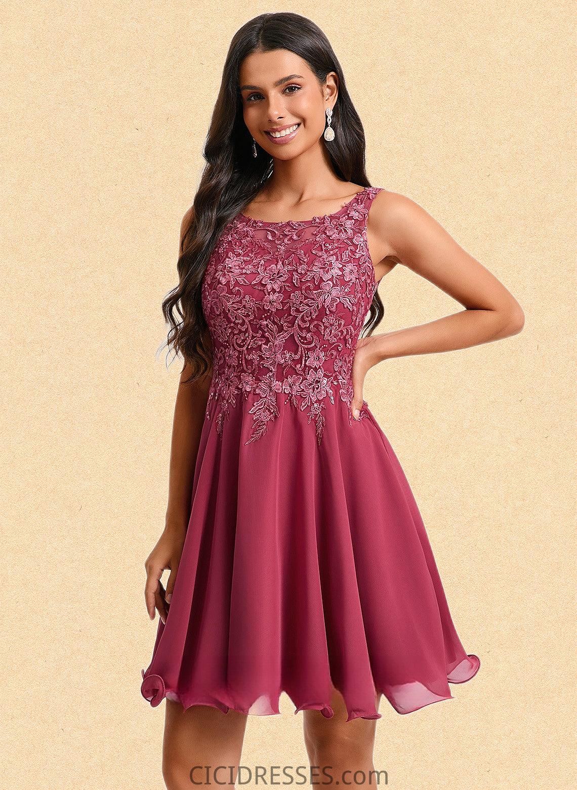 Aaliyah A-line Scoop Short Chiffon Homecoming Dress With Sequins Appliques Lace CIC8P0025681