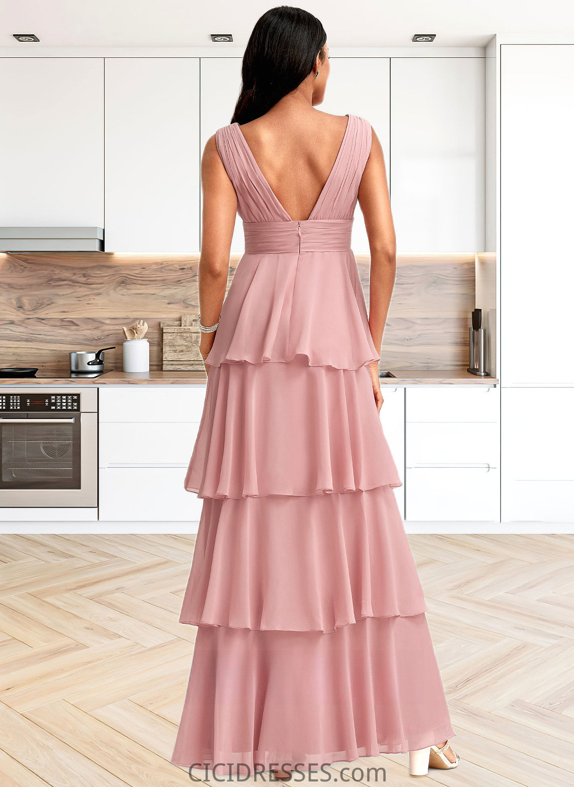 Aracely A-line V-Neck Floor-Length Chiffon Bridesmaid Dress CIC8P0025749