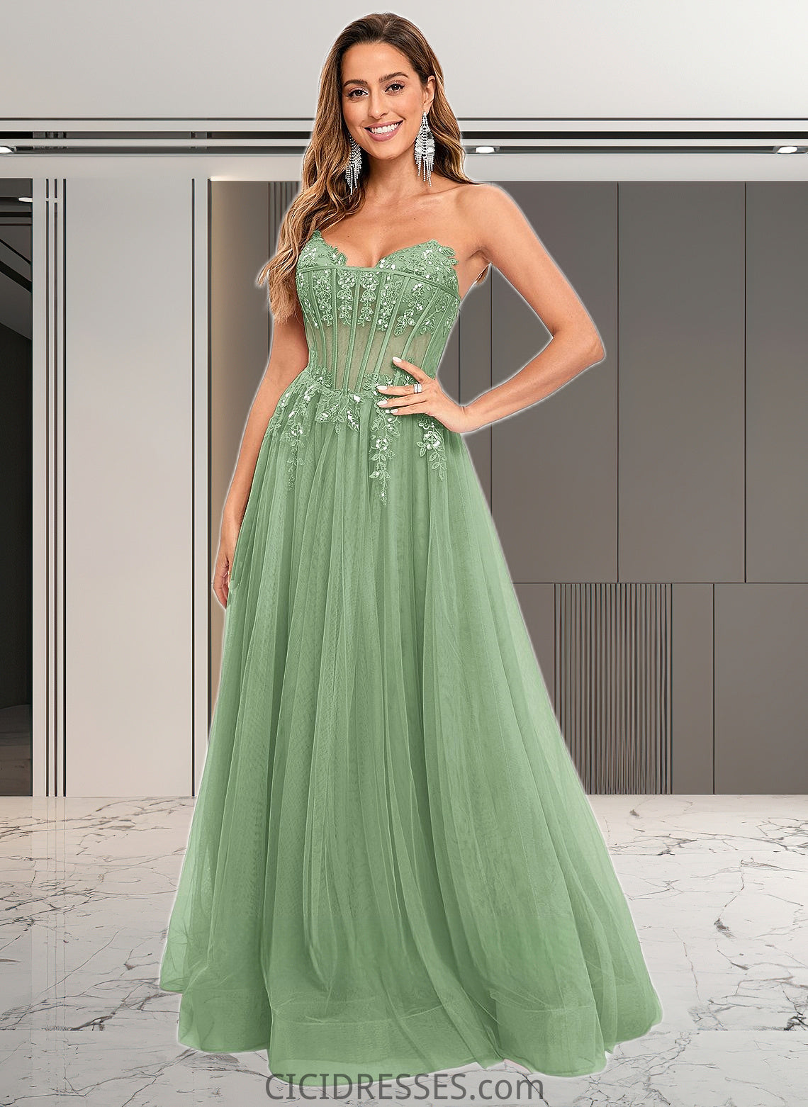 Lynn Ball-Gown/Princess V-Neck Floor-Length Tulle Prom Dresses With Sequins Appliques Lace CIC8P0025837