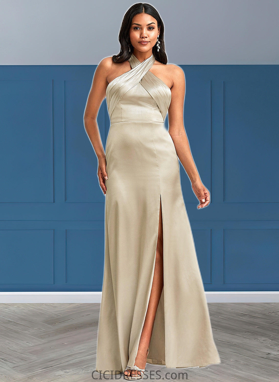 Susan A-line Halter Floor-Length Stretch Satin Bridesmaid Dress CIC8P0025761