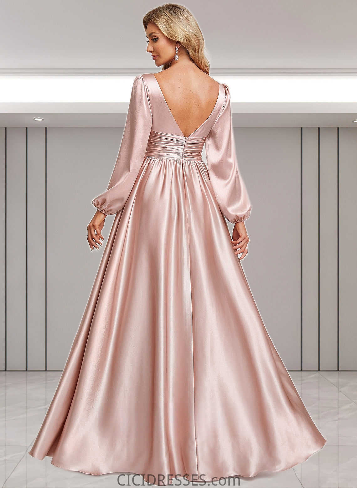 Lucinda A-line V-Neck Floor-Length Stretch Satin Prom Dresses CIC8P0025880