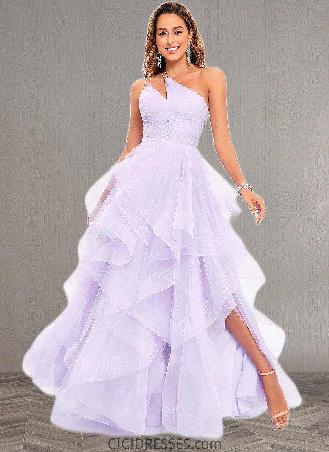 Claudia Ball-Gown/Princess Asymmetrical One Shoulder Floor-Length Tulle Prom Dresses CIC8P0025867