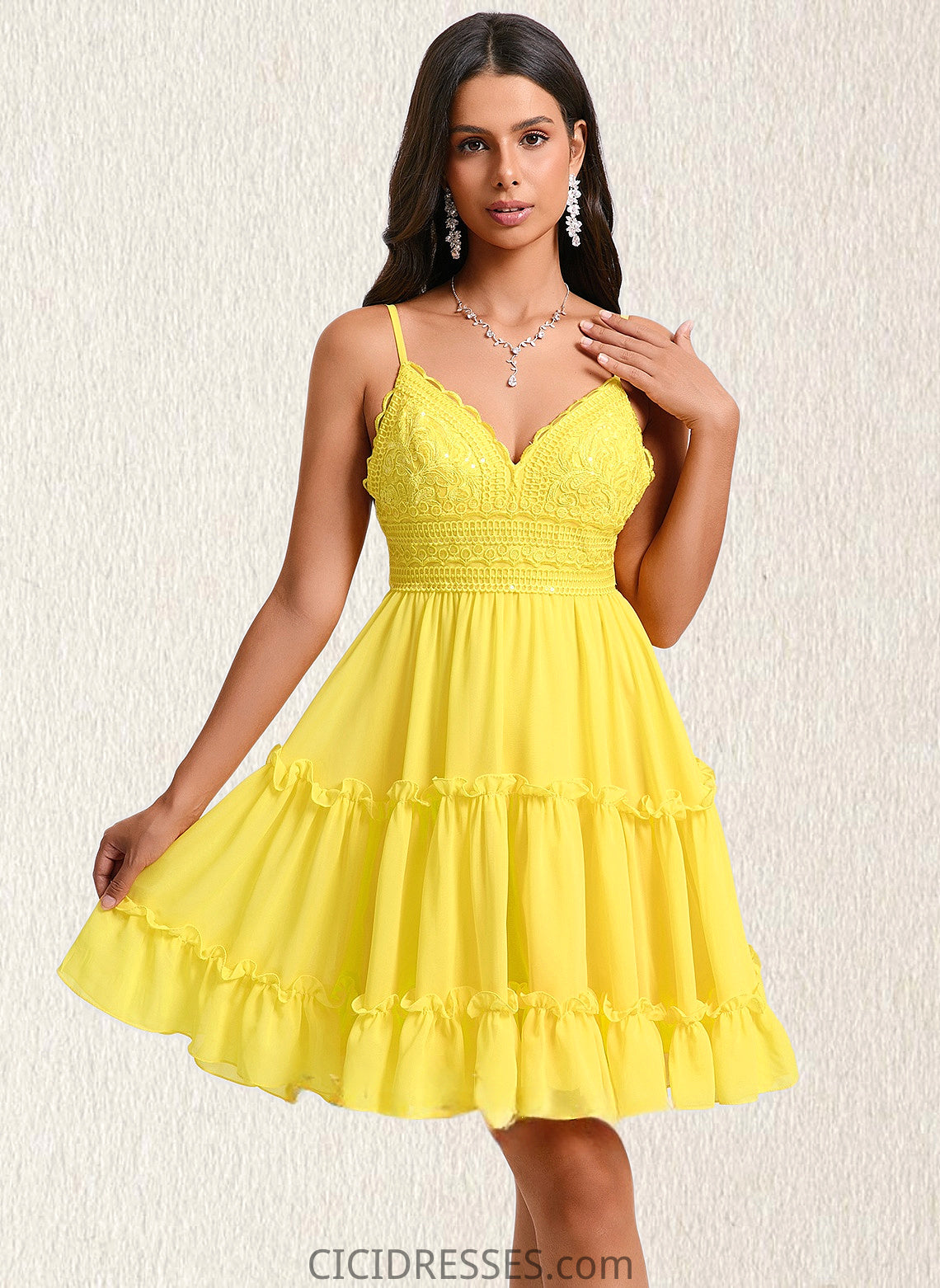 Ingrid A-line V-Neck Short Chiffon Homecoming Dress With Ruffle Sequins CIC8P0025700