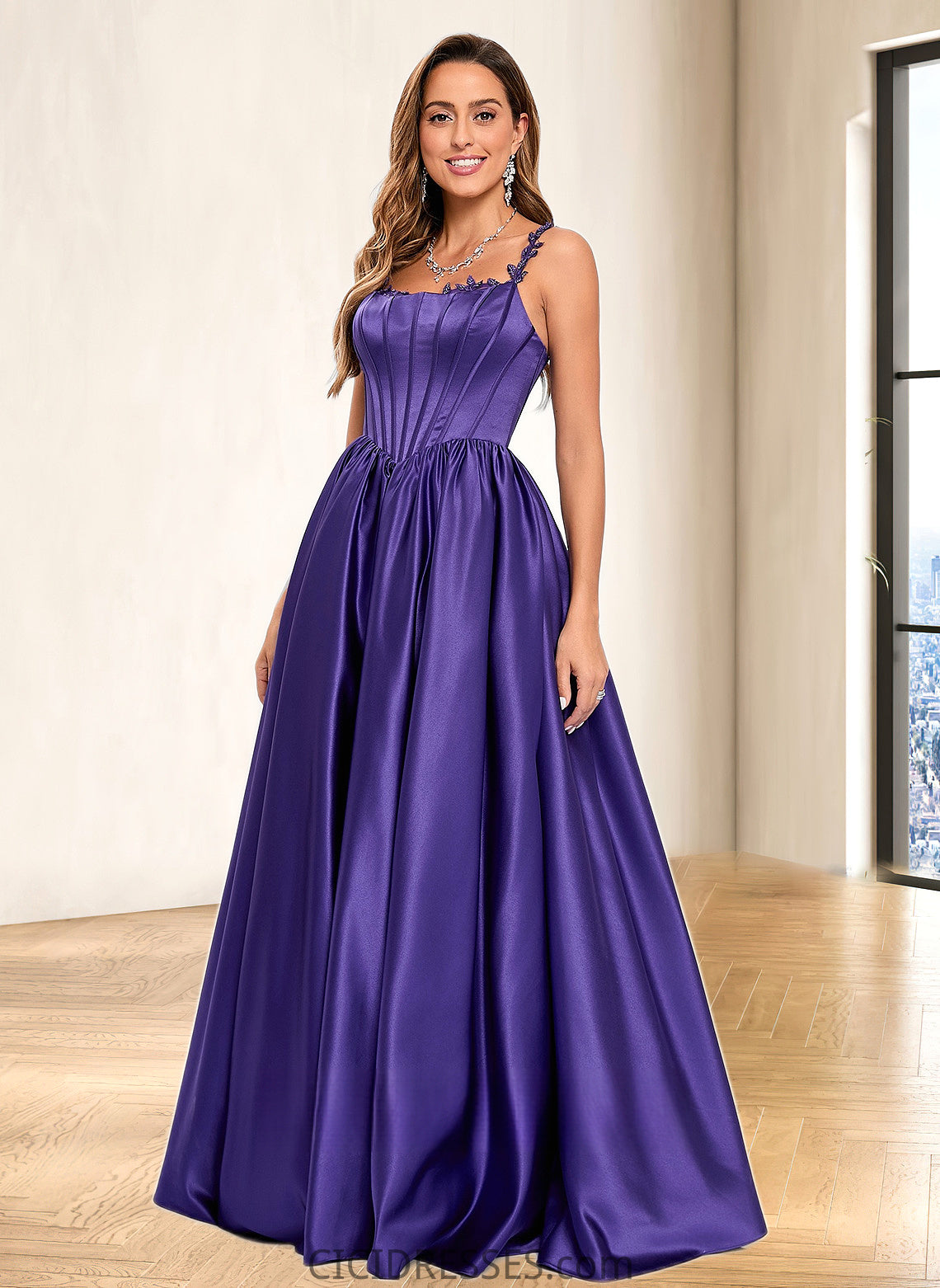 Madelyn Ball-Gown/Princess Scoop Floor-Length Satin Prom Dresses With Appliques Lace Beading CIC8P0025865