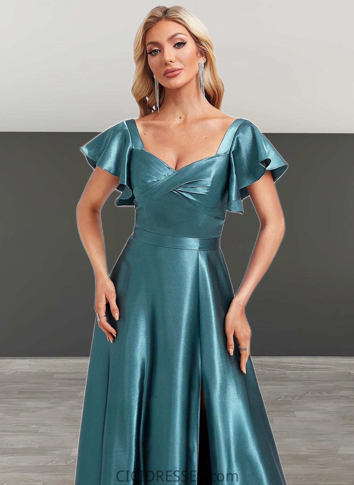 Moriah A-line V-Neck Floor-Length Stretch Satin Bridesmaid Dress With Ruffle CIC8P0025780